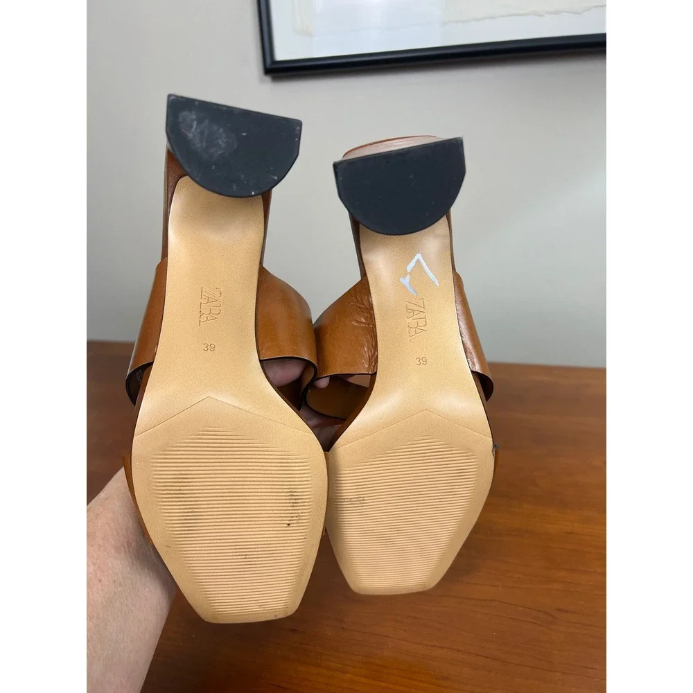 Zara Tan Leather Block Heel Sandals Square Toe Crisscross Mule Cognac Brown 39 - Picture 6 of 6